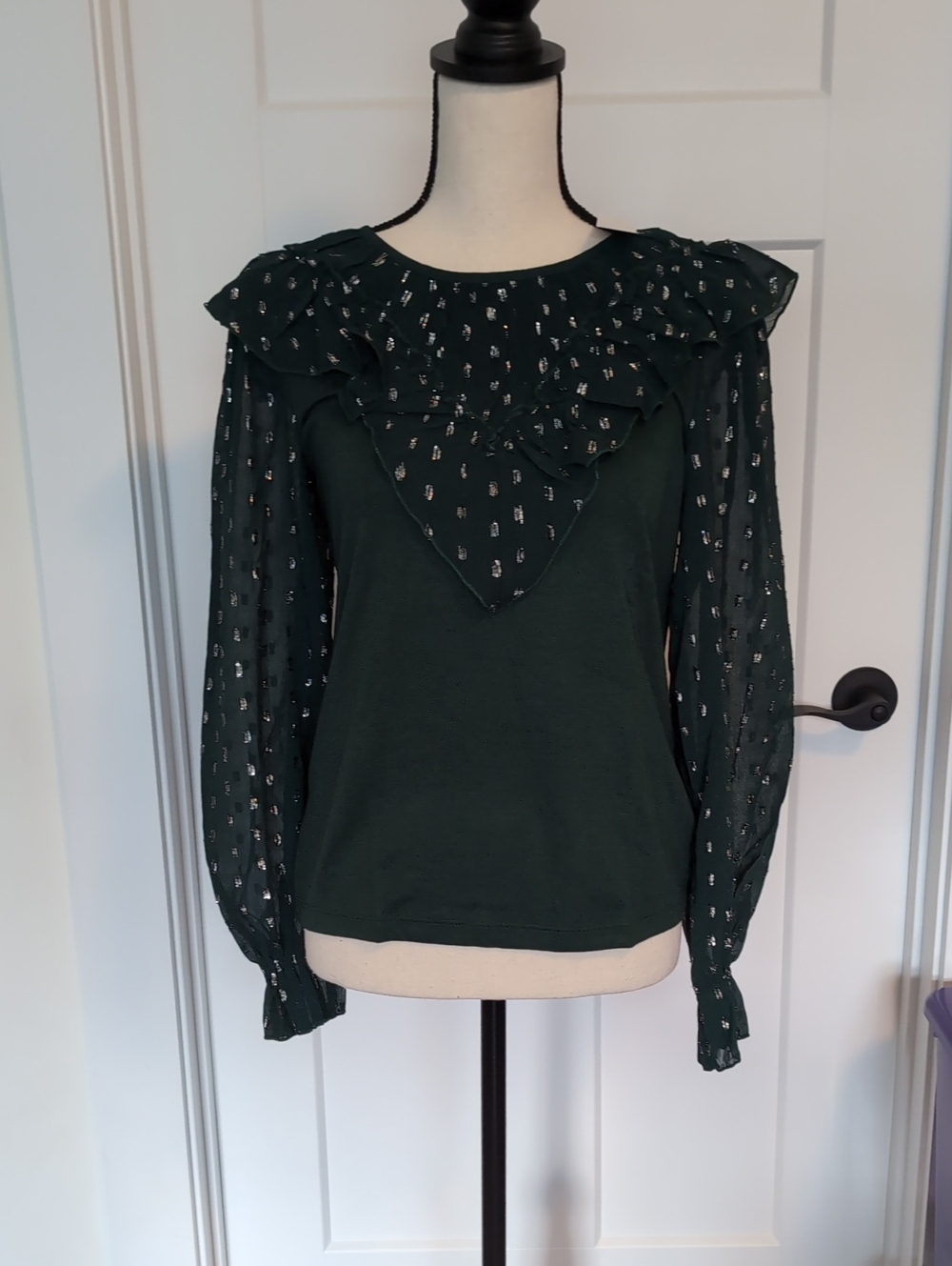 LOFT Forest Green Ruffle-Yoke Blouse